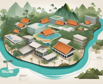A variety of international school buildings scattered across a map of thailand