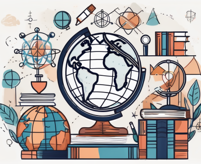 A globe surrounded by various educational symbols such as books