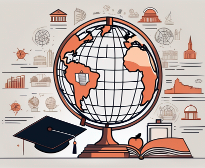 A globe with different educational icons like books