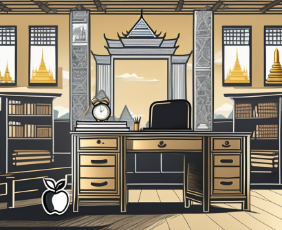 A classroom with a teacher's desk