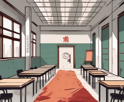 A classroom setting in china with visible obstacles like a locked door
