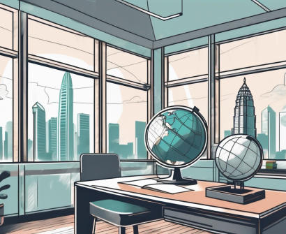 A modern classroom setting with iconic singapore landmarks visible through the window