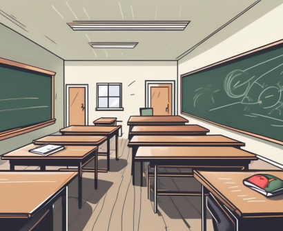 A classroom with empty desks and a chalkboard