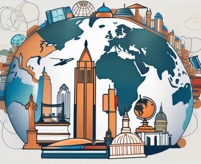 A globe surrounded by various symbolic elements of education such as books