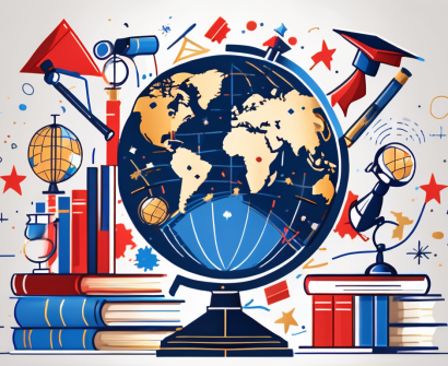 A globe with various iconic educational symbols like books