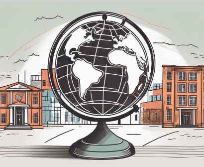 A globe with different school buildings placed on various countries