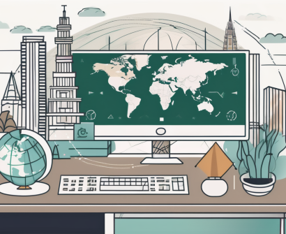 A computer displaying an online classroom interface with various international landmarks in the background