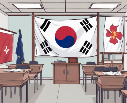 A classroom scene with international flags hanging from the ceiling
