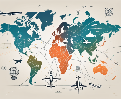 A global map highlighting popular school destinations with symbols of academic buildings and airplanes connecting different countries