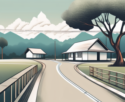 A schoolhouse with a road leading up to it