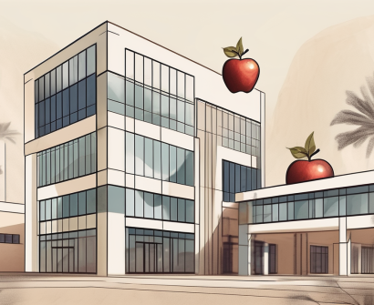 A few prominent international school buildings in saudi arabia with a teacher's apple placed prominently in the foreground