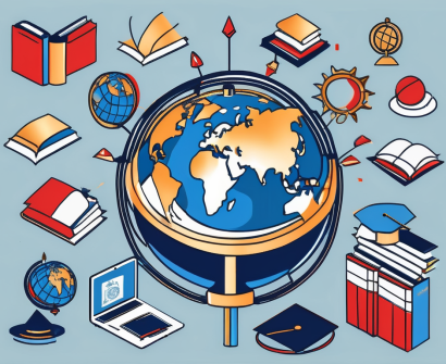 A globe with symbolic icons of various educational tools such as books