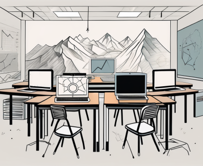 A classroom with various symbols representing the six challenges mentioned in the article