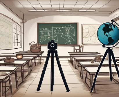 A classroom setting with a camera on a tripod capturing a chalkboard with math equations