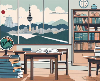 A classroom setting with various education-related symbols such as textbooks