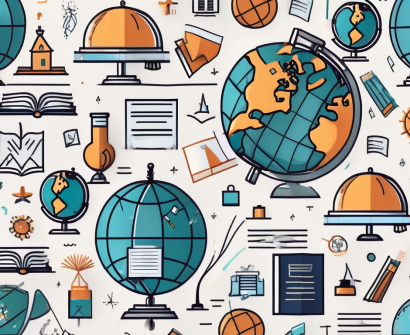 A globe with different educational icons (like books