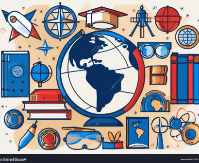 A globe surrounded by various iconic educational tools like books