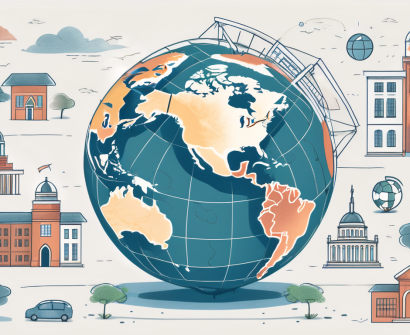 A globe with various school buildings scattered across different countries
