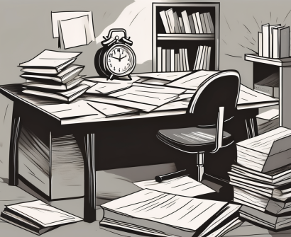 A teacher's desk overflowing with papers