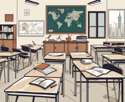 A classroom with various cultural symbols from around the world scattered around