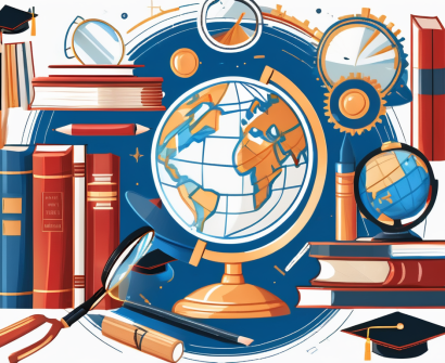 A globe surrounded by various educational tools like books