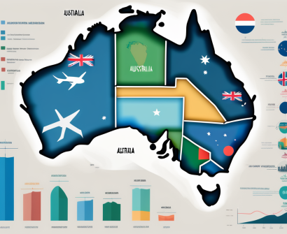 A map of australia with colorful arrows coming from different countries around the globe