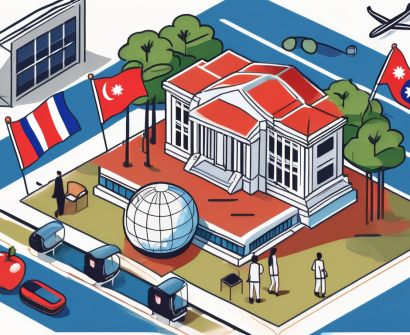 A school building with a cambodian flag