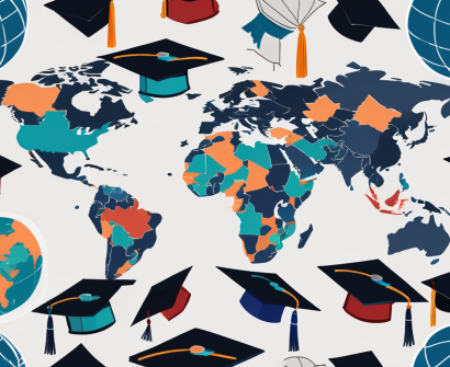A globe with various sized groups of graduation caps scattered across different regions
