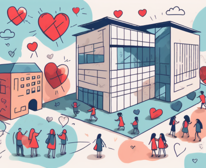 A diverse range of international school buildings surrounded by playful symbols like hearts