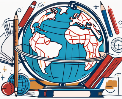 A globe with various educational tools like a ruler