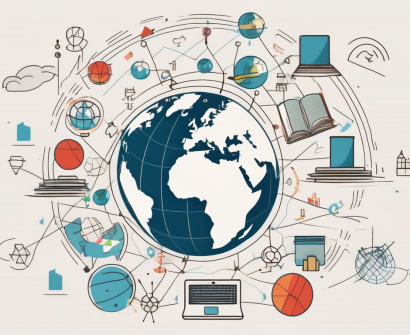 A globe with various school-related icons (like a book