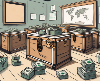 A traditional hong kong classroom setting with a key unlocking a treasure chest filled with symbols of knowledge and money