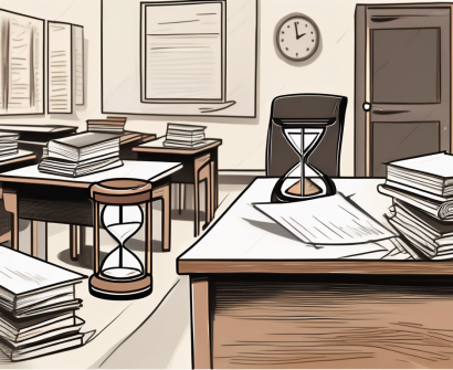 A classroom desk piled high with papers and books