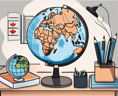 A teacher's desk with a globe highlighting canada