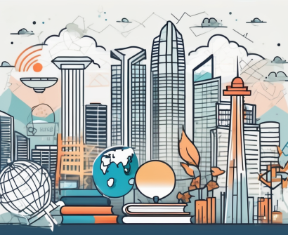 A singapore skyline with various educational symbols like books