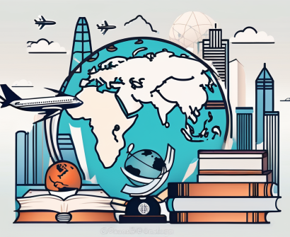 The hong kong skyline with various educational symbols like books