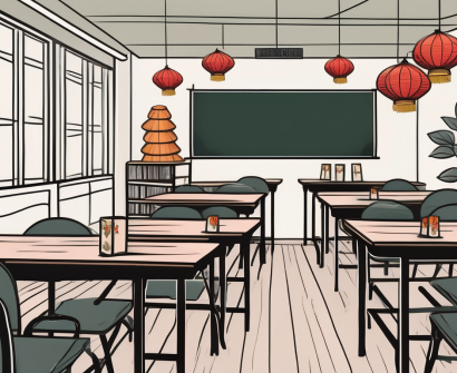 A classroom setting with empty desks