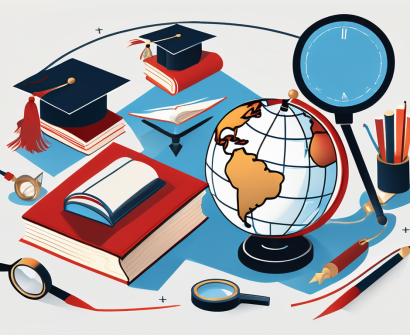 A globe surrounded by various symbolic educational tools