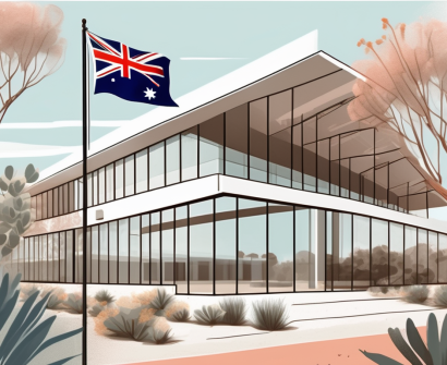 An international school building with the australian flag flying overhead