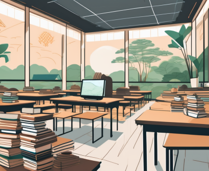 A classroom setting with diverse educational materials like books