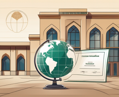 A traditional saudi arabian school building with a globe and a teaching certificate in the foreground