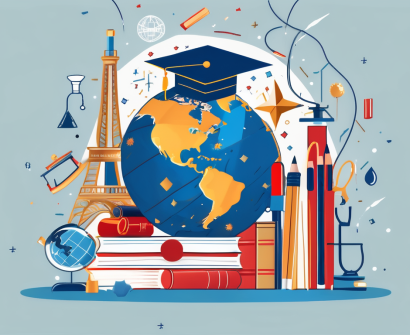 A globe with various iconic educational symbols like books