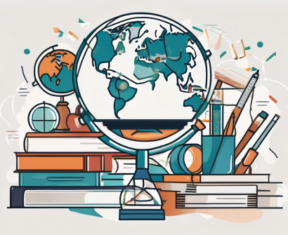 A globe surrounded by various educational tools like books