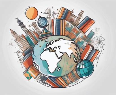 A globe highlighted with various iconic education symbols (like graduation cap