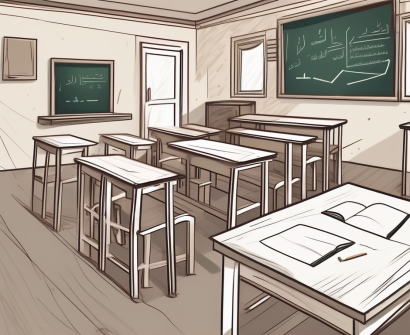 A classroom setting with traditional saudi arabian architectural elements and teaching tools like a chalkboard and books