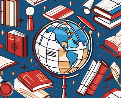 A globe with educational symbols like books