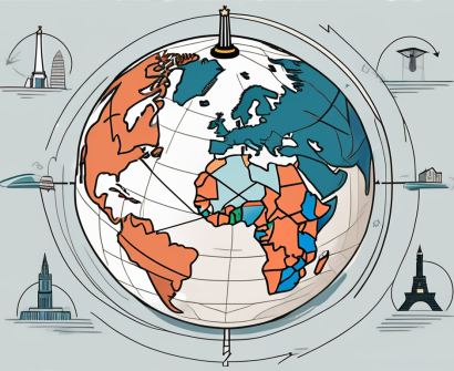 A globe with various iconic landmarks from different countries