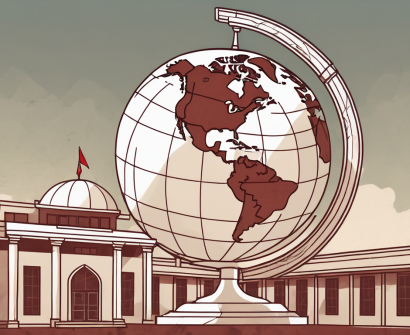 A traditional turkish school building with a globe in the foreground