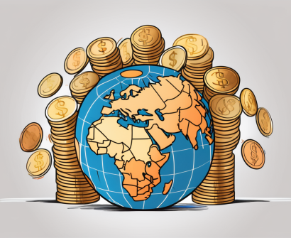 A globe highlighting different countries with various sizes of stacks of coins
