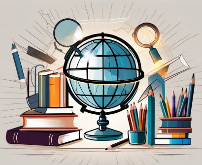 A globe surrounded by various educational tools like books